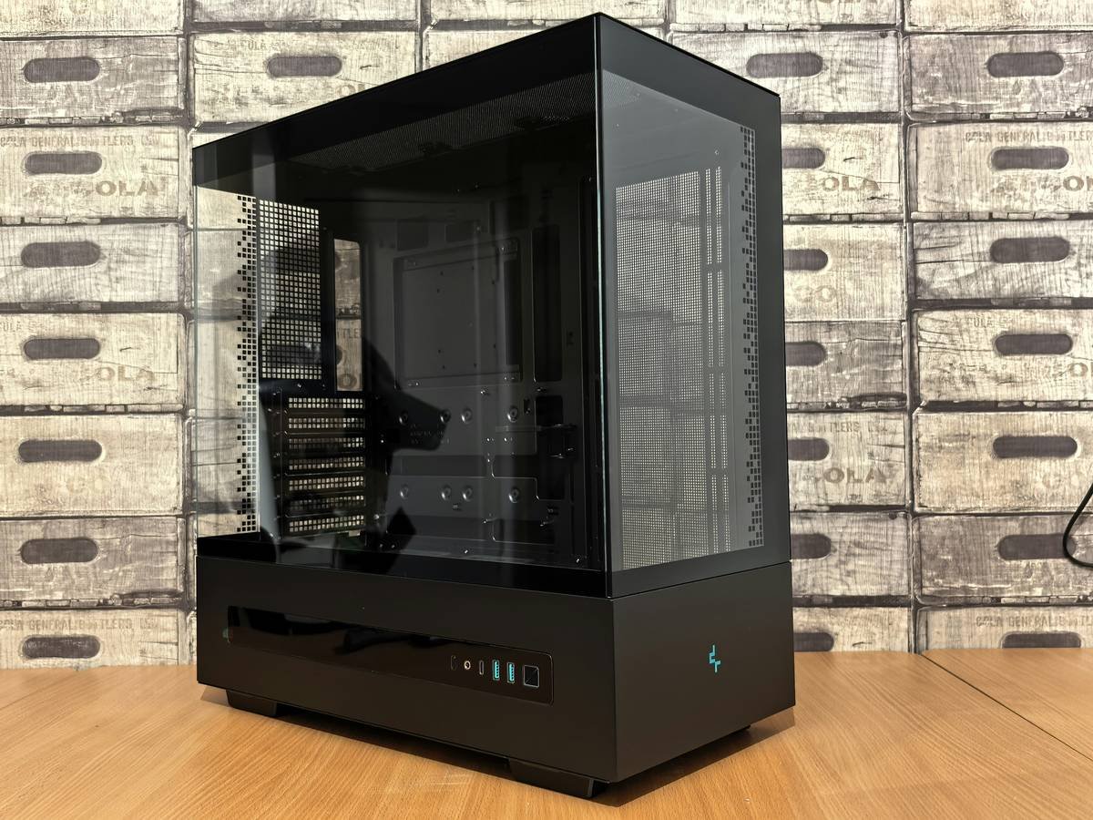 Modern black computer tower with glass panels